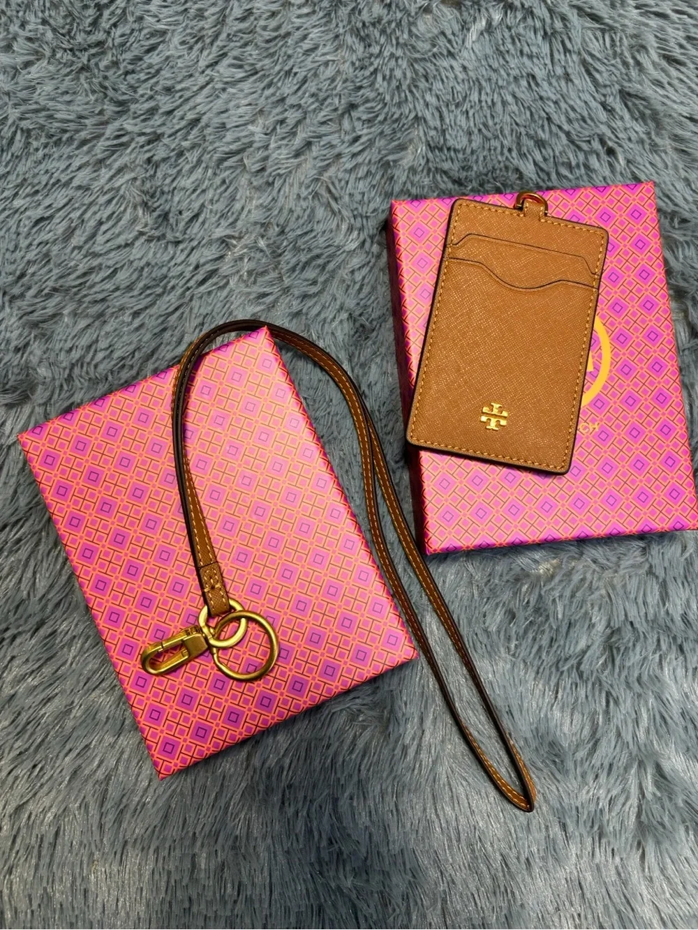 Tory Burch Brown Saffiano Leather Cardholder Lanyard Set